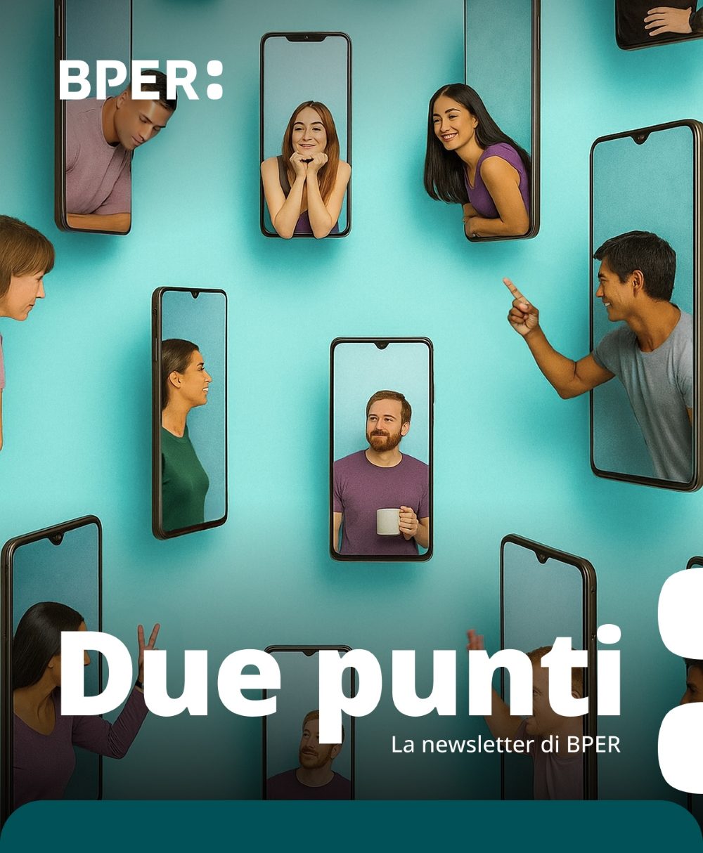 Copertina della newsletter Due punti dedicata al natale raffigurante delle persone che fuoriescono dagli schermi di uno smartphone