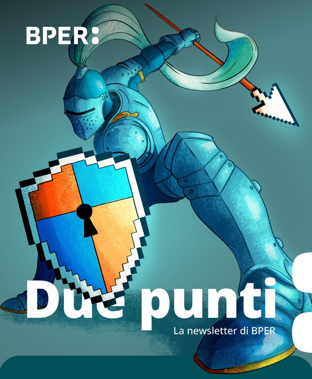 Copertina della newsletter Due punti dedicata al natale raffigurante un cavaliere con uno scudo "digitale"