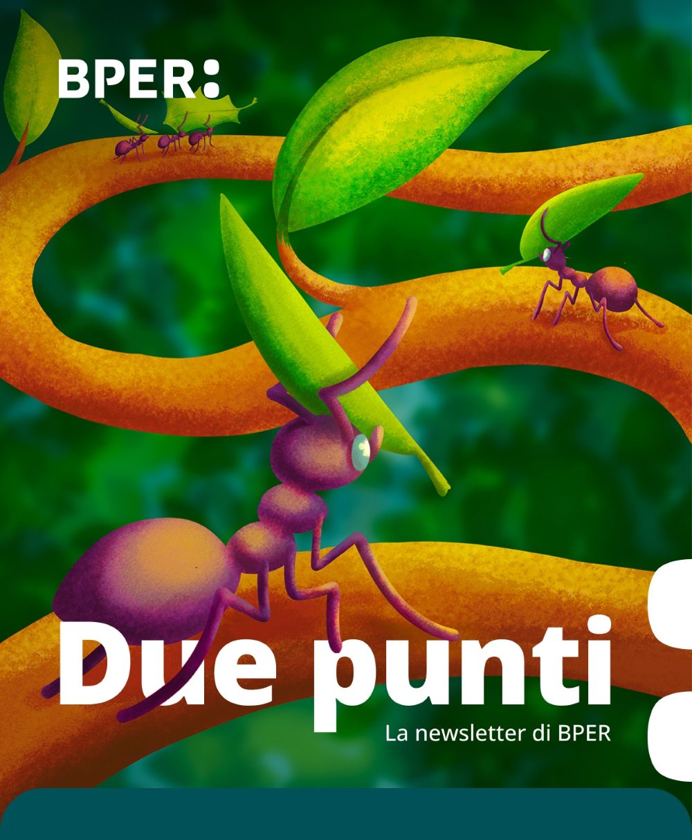Copertina della newslettere Due punti con un'illustrazione che raffigura delle formiche che trasportano delle foglie