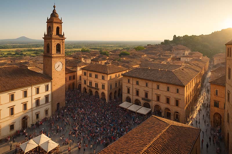 Town square from above with view of gathered crowd of people